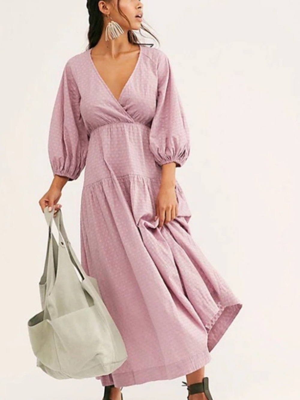 Free People Like Air Mauve Wrap Midi Dress with Puff Sleeves - Picture 1 of 7